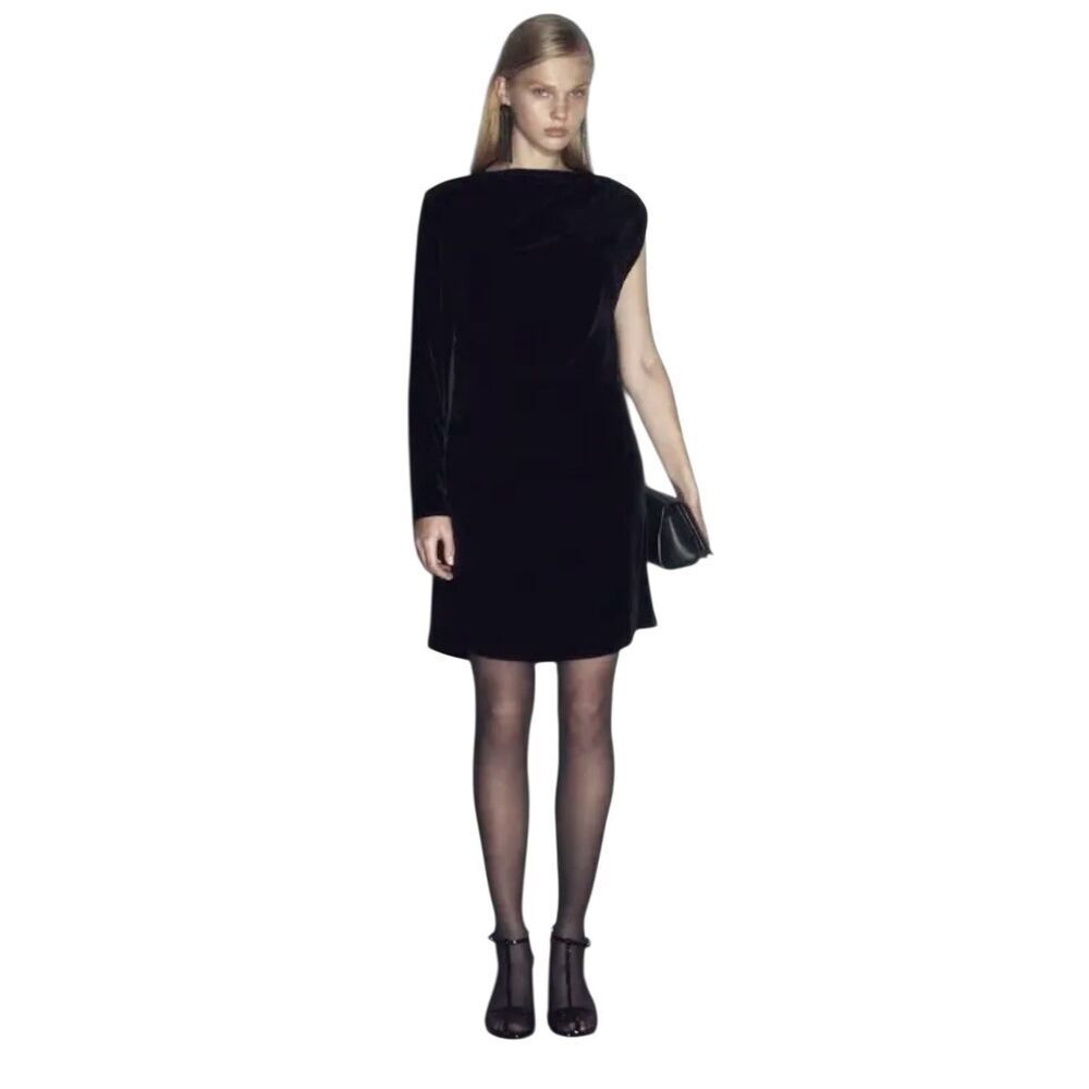 NWT MASSIMO DUTTI Short Velvet Asymmetric Sleeves Black Dress Women's Medium